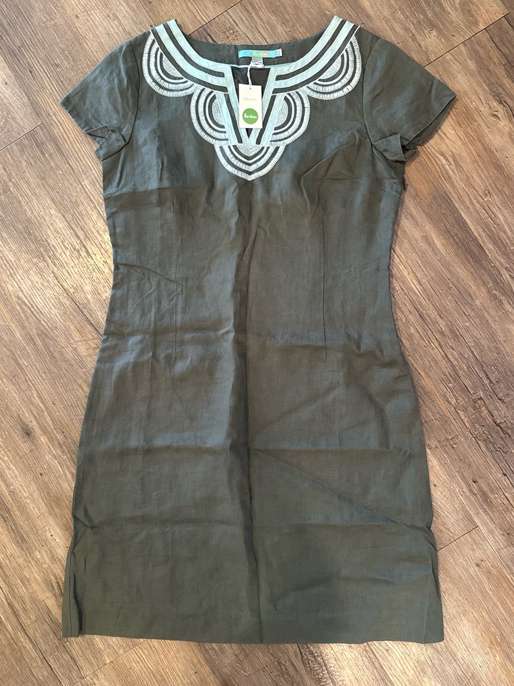 NWT Boden 100% Linen Shift Dress Brown Embroidered Neck Line Sz 6R